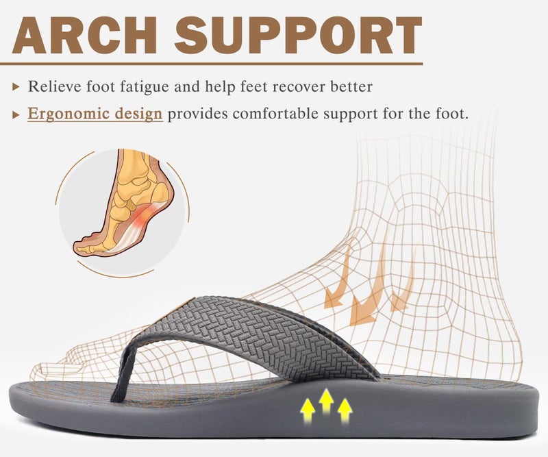 KuaiLu Mens Flip Flops Arch Support Comfortable Cushion Memory Foam Recovery Walking Waterproof Leather Thong Sandals Orthotic Plantar Fasciitis Summer Casual Beach Pool Slip on Slippers Grey Size 11 - Image 4